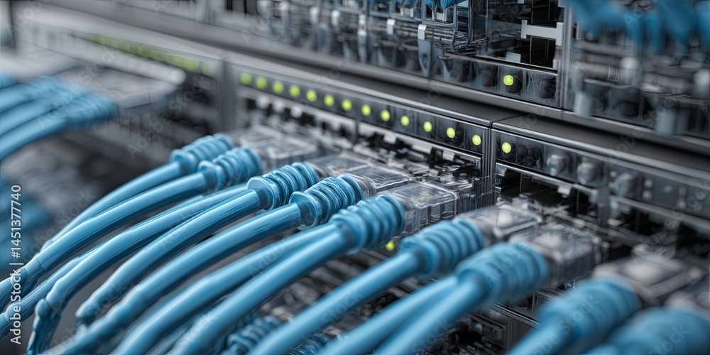 Poster close-up of network switch with blue ethernet cables connected, modern data center equipment highlig