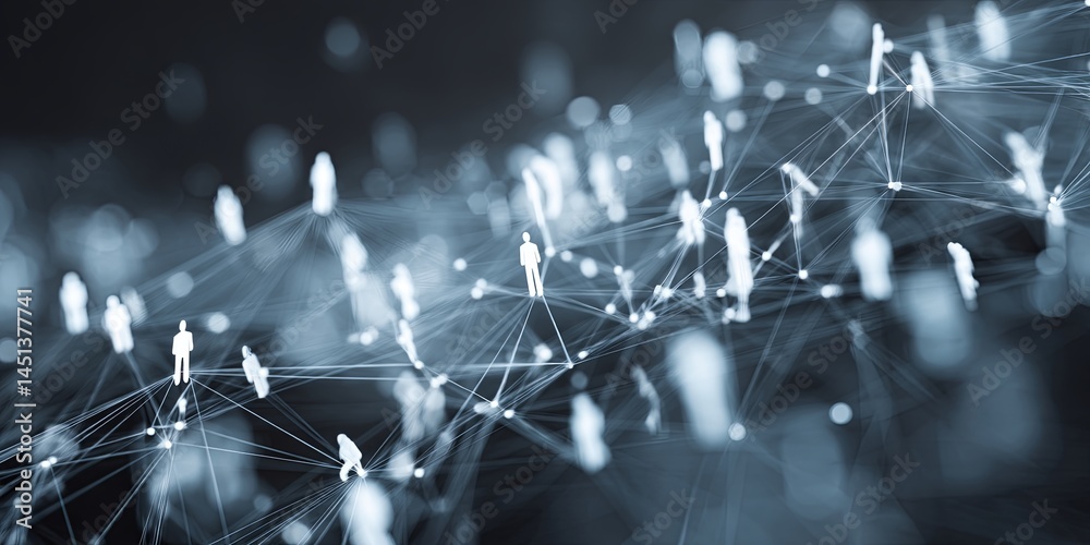 Poster Abstract digital network illustration showing global connections between individuals and communities using social media icons and data visualization techniques