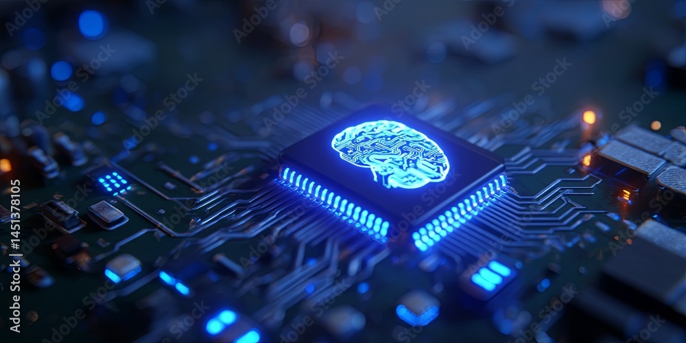 Poster Futuristic Circuit Board with AI Chip Depicting Artificial Intelligence Technology and Digital Brain Design Illuminated in Blue Light