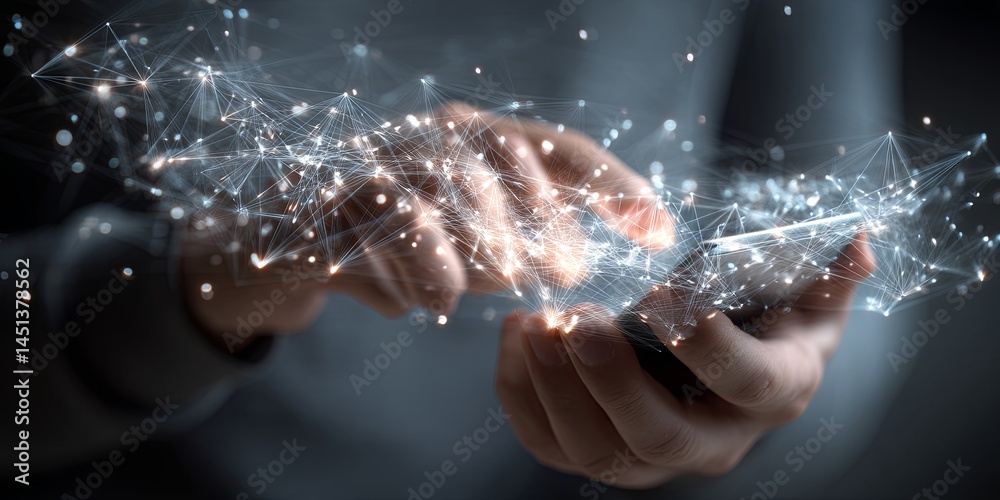 Poster Connecting Digital Networks Through Mobile Technology Shows Hands Holding Smartphone with Glowing Network Diagram Overlaid Symbolizing Communication and Interaction