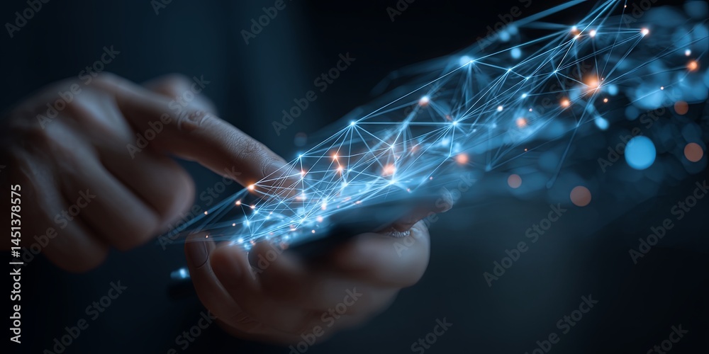 Poster Connecting Digital Networks Through Mobile Technology Shows Hands Holding Smartphone with Glowing Network Diagram Overlaid Symbolizing Communication and Interaction