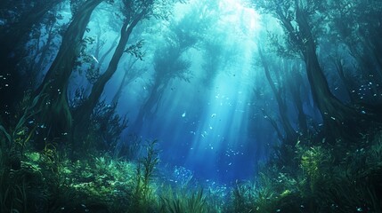 Enchanting Underwater Forest Scene with Sunbeams and Aquatic Plants