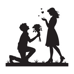 The flower of love, a heartfelt confession. A romantic silhouette image of a man on one knee presenting a bouquet of red roses to a woman. vector silhouette image.