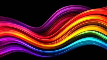 The image contains a vibrant abstract design featuring smoothly curving, glossy stripes in a spectrum of colors, ranging from deep purple to bright blue, resembling a rainbow wave against a black bac