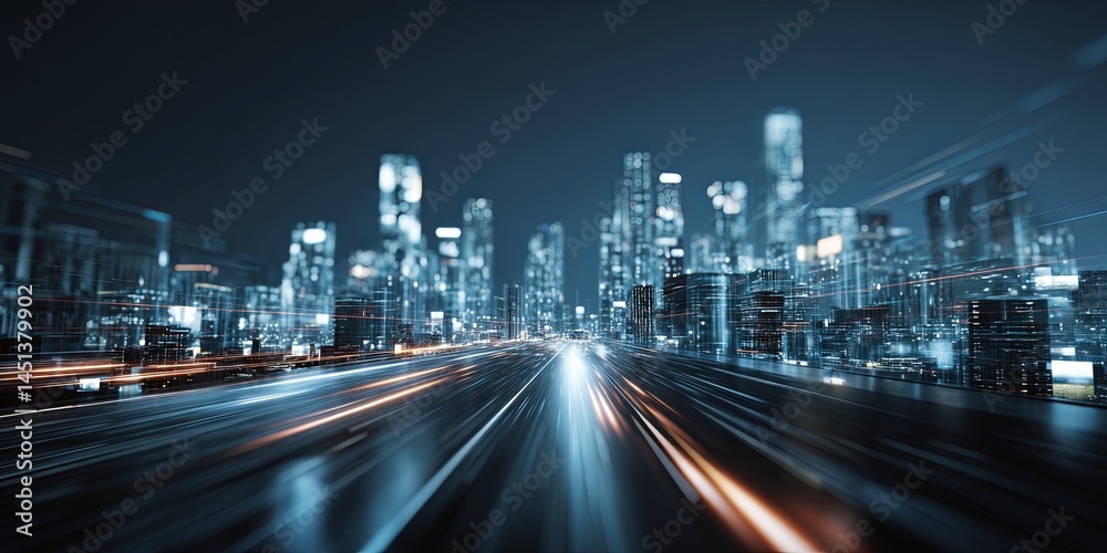 Poster Futuristic Cityscape with Data Streams Representing Digital Transformation and Technology Integration in Urban Environments