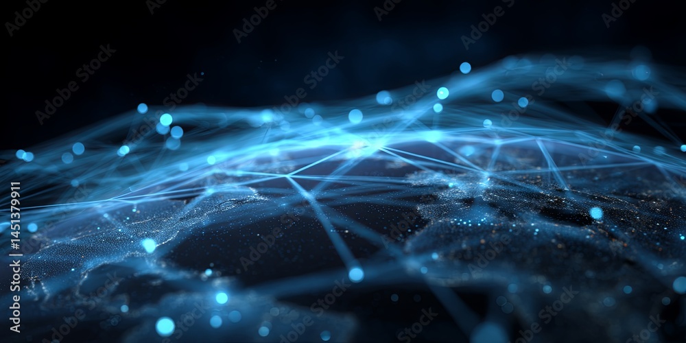 Aufkleber Futuristic Global Connectivity Illustration with Blue Lines and Nodes Representing Network Over Earth in Dark Background