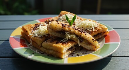 Sweet Toast Delight: Chocolate and Cheese Indulgence. Traditional Indonesian Dessert: Roti Bakar.