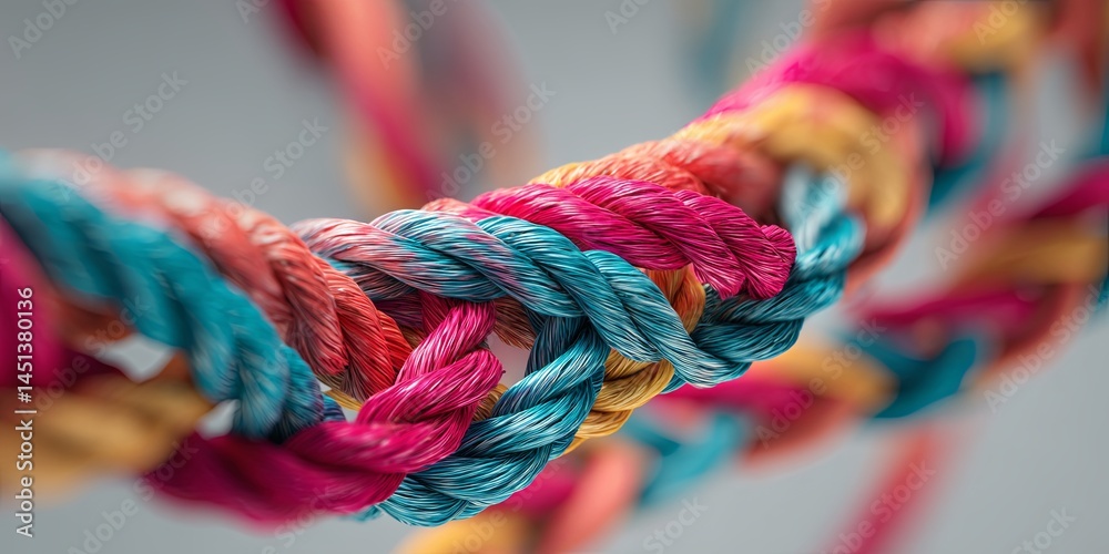 Poster Abstract Background with Colorful Twisted Ropes Crisscrossing Over a Bright Circle in a Light Gray Atmosphere