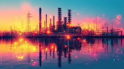 Fototapeta premium Vibrant sunset over a modern industrial landscape with reflections on water, showcasing energy production