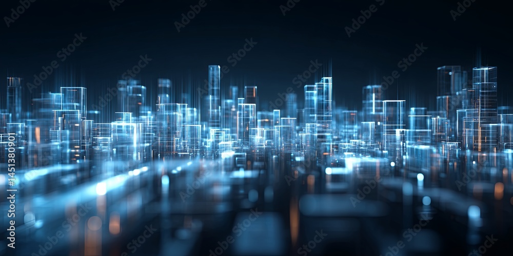 Poster abstract digital skyline with glowing blue lines and squares representing a futuristic technology la