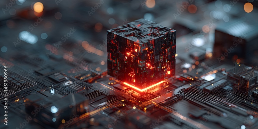 Aufkleber Futuristic Digital Illustration of a Glowing AI Cube Surrounded by Circuitry and Geometric Patterns in a High-Tech Setting
