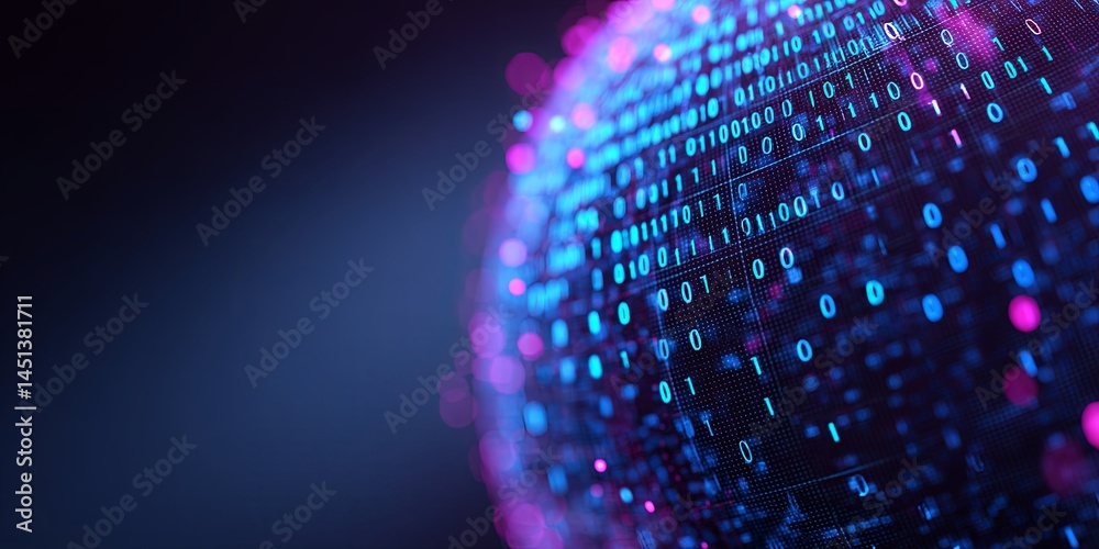 Fototapete Abstract Digital World Globe with Binary Code Representation in Blue and Purple Background for Technology and Data Use