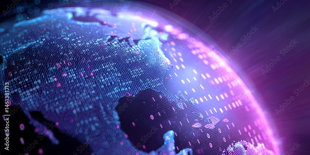 Poster Abstract Digital World Globe with Binary Code Representation in Blue and Purple Background for Technology and Data Use