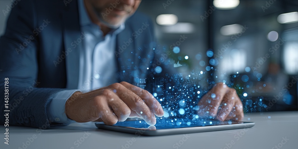 Poster Businessman Using Tablet with AI Graphic Indicators for Technology and Innovation in Modern Workspace Environment Communication