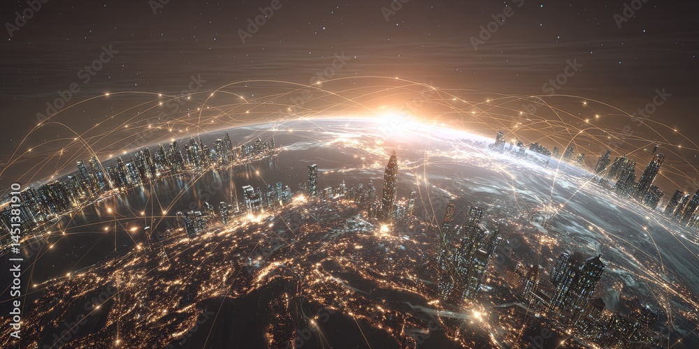 Poster Digital world concept showing glowing planet earth and city skyline with interconnected network lines and data streams representing technology and innovation