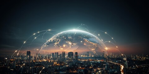 Digital world concept showing glowing planet earth and city skyline with interconnected network lines and data streams representing technology and innovation