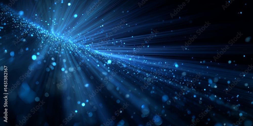 Aufkleber Abstract digital background with glowing blue particles and light rays creating a sense of depth and motion in a futuristic style