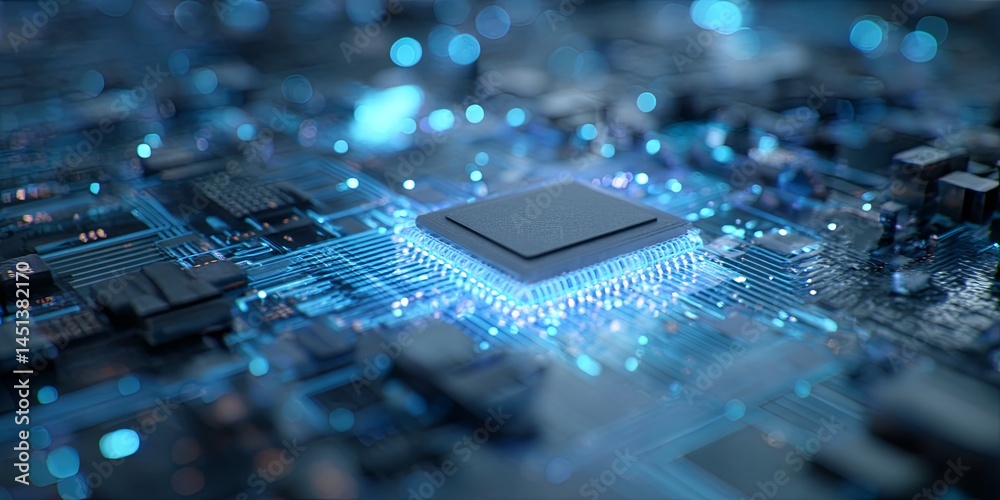 Poster Futuristic AI Chip Design with Electric Circuit Patterns in Vibrant Blue Background Emphasizing Advanced Technology Concepts
