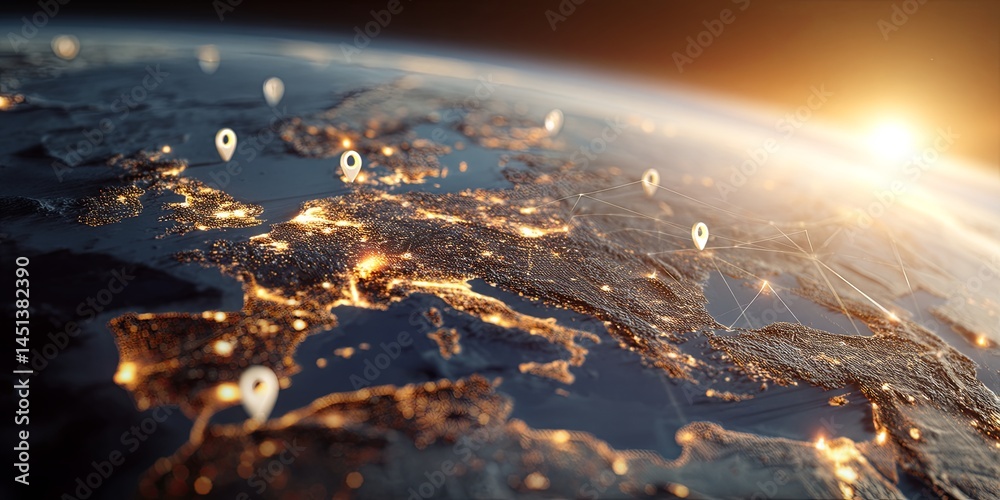 Poster global connectivity with location pins over earth at sunrise highlighting urban areas and networks i