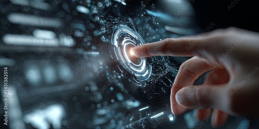 Aufkleber Futuristic Touch Interaction with Digital Interface and Abstract Data Visualization in the Background Signifying Connectivity and Technology Advancements