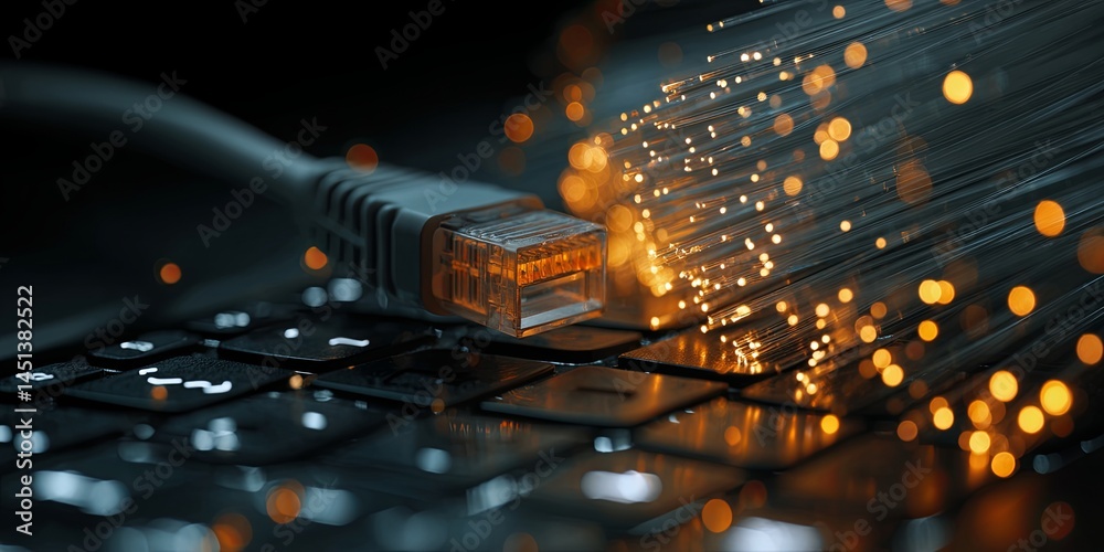 Poster close-up of ethernet cable connected to laptop keyboard with sparkling fiber optic lights in dark en
