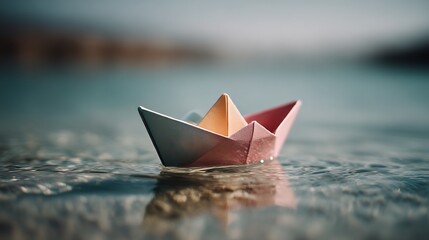 Ephemeral voyage: A paper boat sailing on tranquil waters, symbolizing dreams