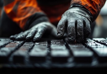 Close-up of gloved hands inspecting dark, rectangular blocks.