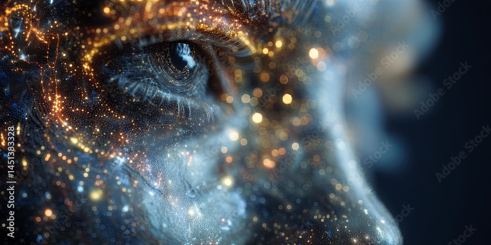 Fototapete Abstract digital face with glowing particles and cosmic background representing artificial intelligence, technology, and human emotions in a futuristic setting