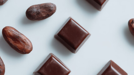 Chocolate pieces and cacao beans on clean flat lay