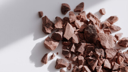 Fototapeta premium Scattered cocoa nibs on white surface with shadows