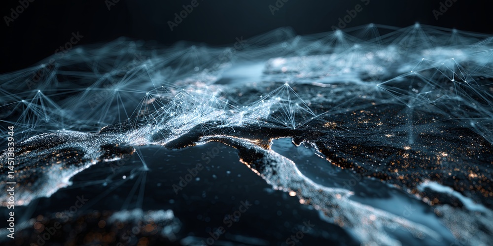 Poster Futuristic Digital Landscape with a Global Map, Data Nodes, and Network Connections Illustrating Technology and Connectivity