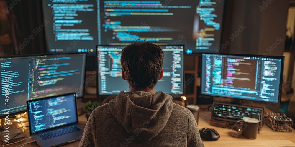 Fototapete Young Adult Engaged in Coding and Programming at Modern Workspace with Multiple Monitors and Laptops on a Minimalist Desk Setting