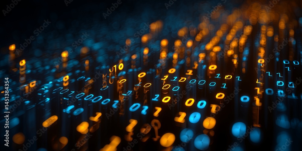 Poster Abstract Digital Code Background with Matrix Effects Illustrating Advanced Technology and Data Processing in a Vibrant Blue and Orange Color Palette