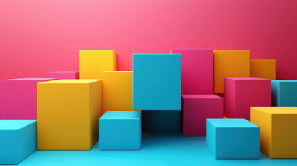 Obraz premium Side angle shot of realistic 3D background with playful colors in 4K showing a vibrant arrangement of blue yellow and pink blocks creates a bold display.