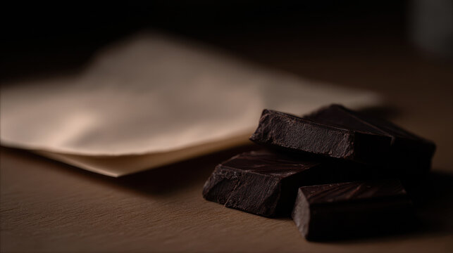 Dark chocolate pieces on wooden table create bittersweet scene