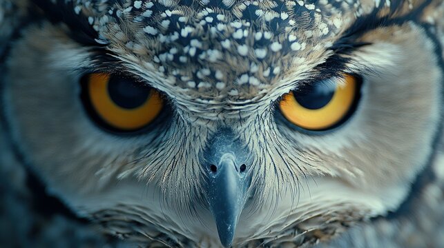 Intense gaze of a European eagle owl with mesmerizing yellow eyes closeup