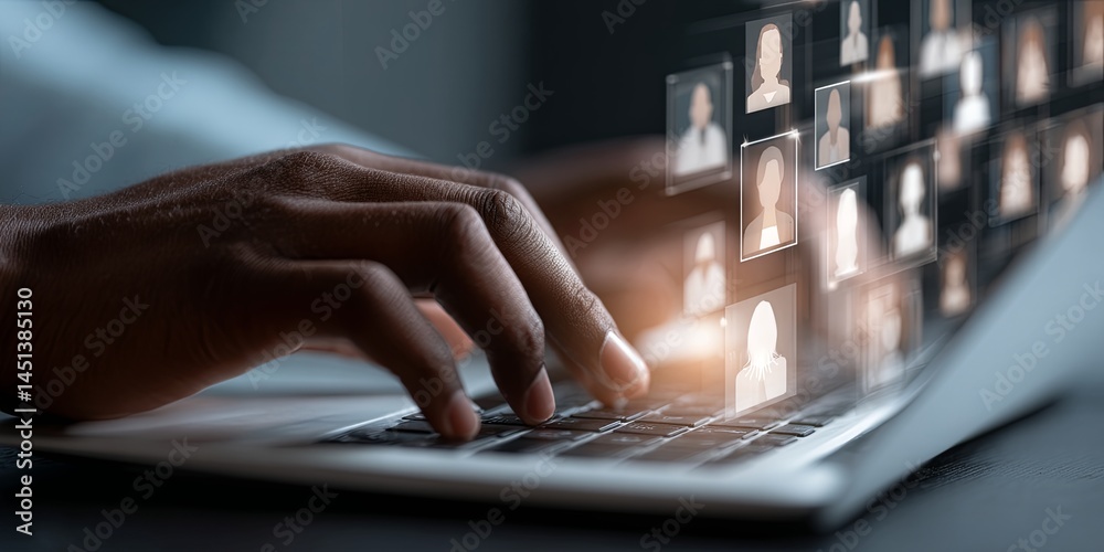 Poster Hands engaging with laptop device while digital user profiles appear, showcasing modern technology and data interaction in a professional environment