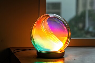 A gradient glass lamp with programmable LED lights creating a shifting rainbow effect