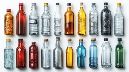 A diverse collection of beverage bottles arranged neatly on a white background, showcasing various shapes and colors