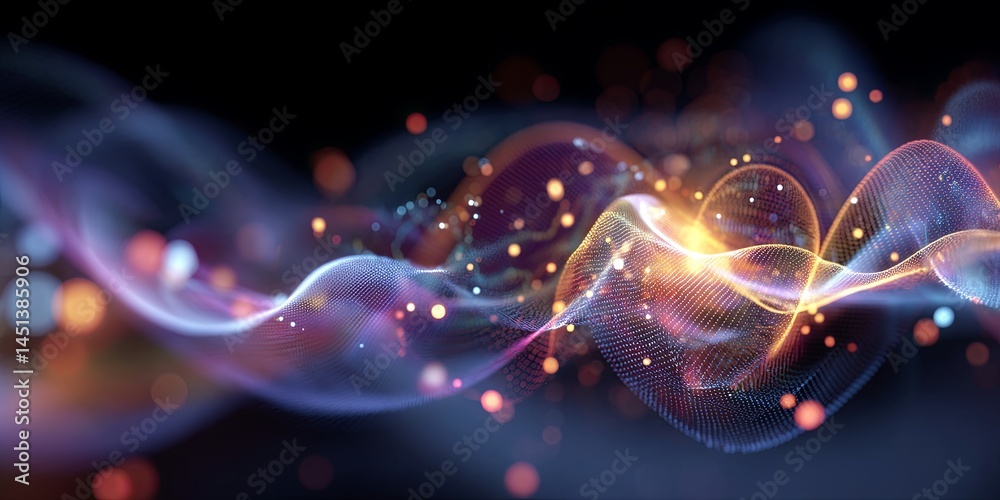 Aufkleber Abstract representation of atomic structure with colorful wave patterns and soft glowing effects on a dark background for scientific or educational themes