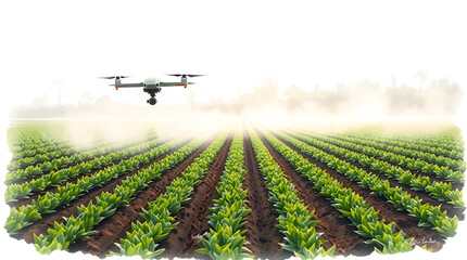 Obraz premium A high-tech agricultural drone spraying organic fertilizer. Mist is visible in sunrays, green crops contrast with dark soil, Generative Ai