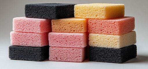Colorful Stacked Sponges: A Delightful Arrangement of Textured Cleaning Tools