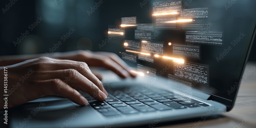 Poster Innovative Chat AI Interface with Hands Typing on Laptop Showcasing Modern Technology in Digital Communication