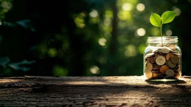 A close-up video still of a jar filled with coins and a sprouting plant, symbolizing growth and savings, set against a blurred, sunlit forest background. Live desktop wallpaper.