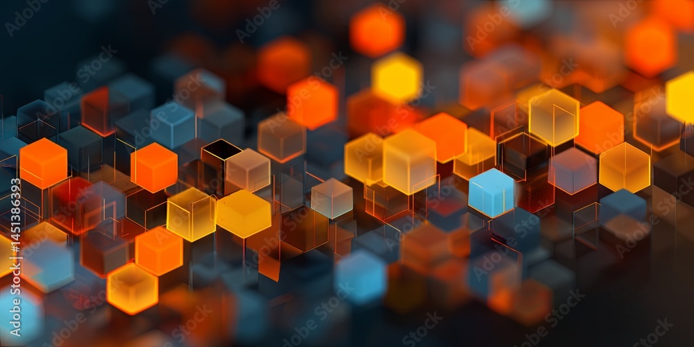 Poster abstract geometric pattern of hexagonal shapes in vibrant colors of orange, yellow, and blue arrange