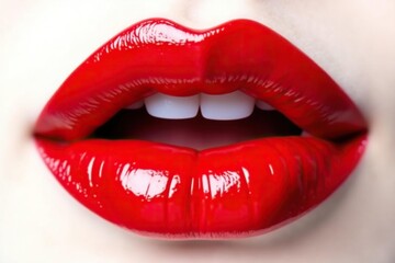 Obraz premium Close-up of vibrant red lips against pure white backdrop, clean, lip product