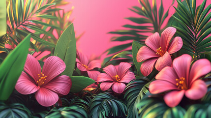 A 3D minimalist background presents vibrant pink florals amongst realistic tropical leaves in a stunning 4K side angle view that captures the essence of nature.