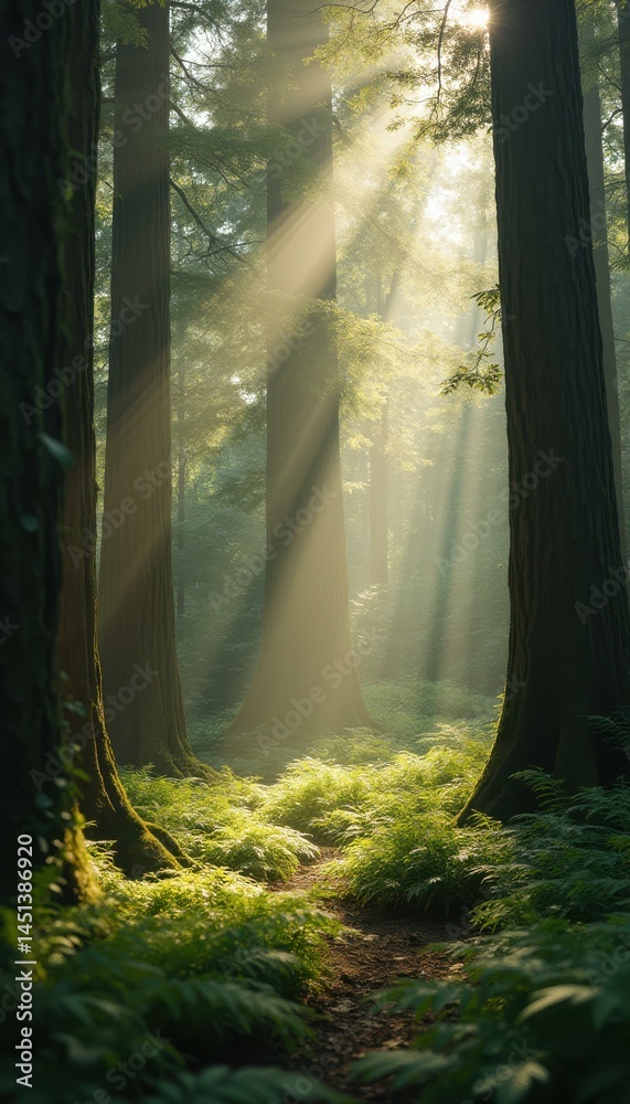 Poster Sunlight streaming through a serene forest with ferns and a path