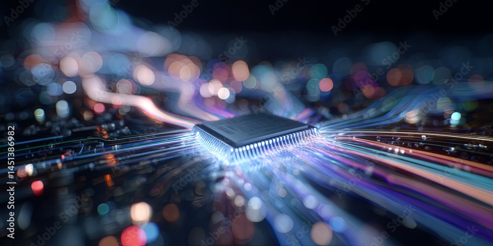Poster vibrant abstract representation of artificial intelligence chip surrounded by colorful light trails 