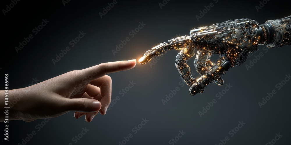 Aufkleber Digital Connection Between Human Touch and Robotic Hand Representing the Intersection of Technology and Humanity in the Modern Age